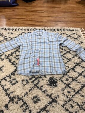Peter Millar Light Blue and White Plaid Casual Button-Down